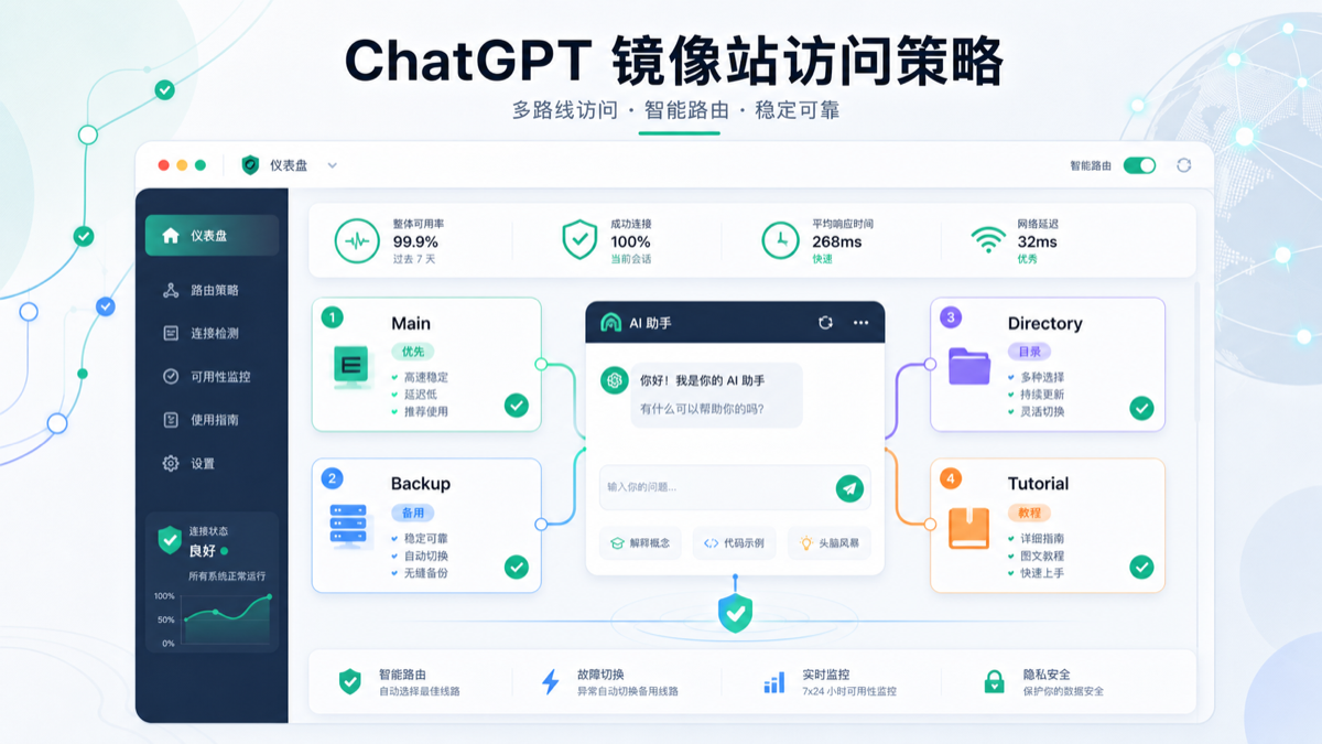 ChatGPT 中文镜像入口主站、备用站、导航站和教程站的组合示意图